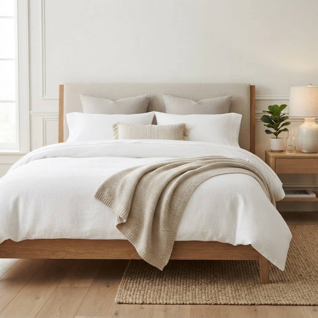 Premium bed with layered white and neutral bedding