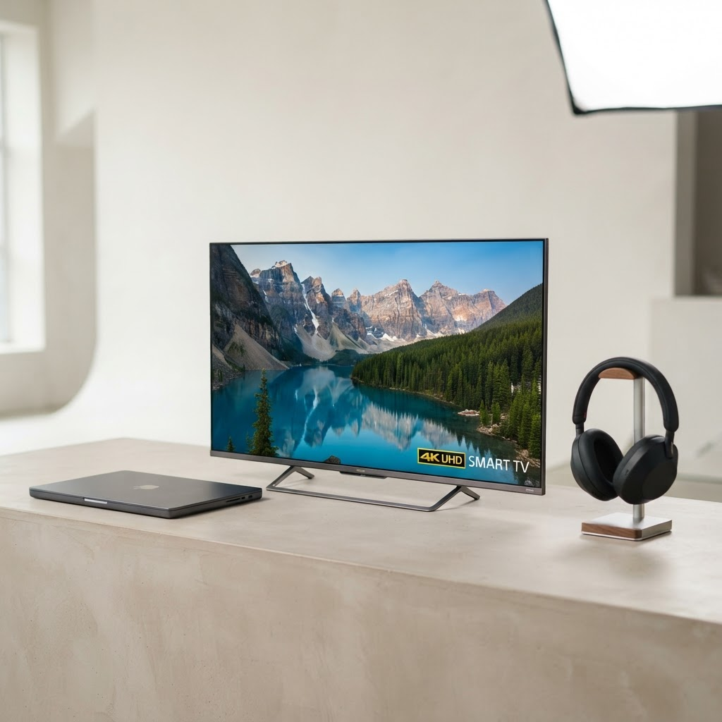 Modern electronics including a smart TV, laptop and headphones