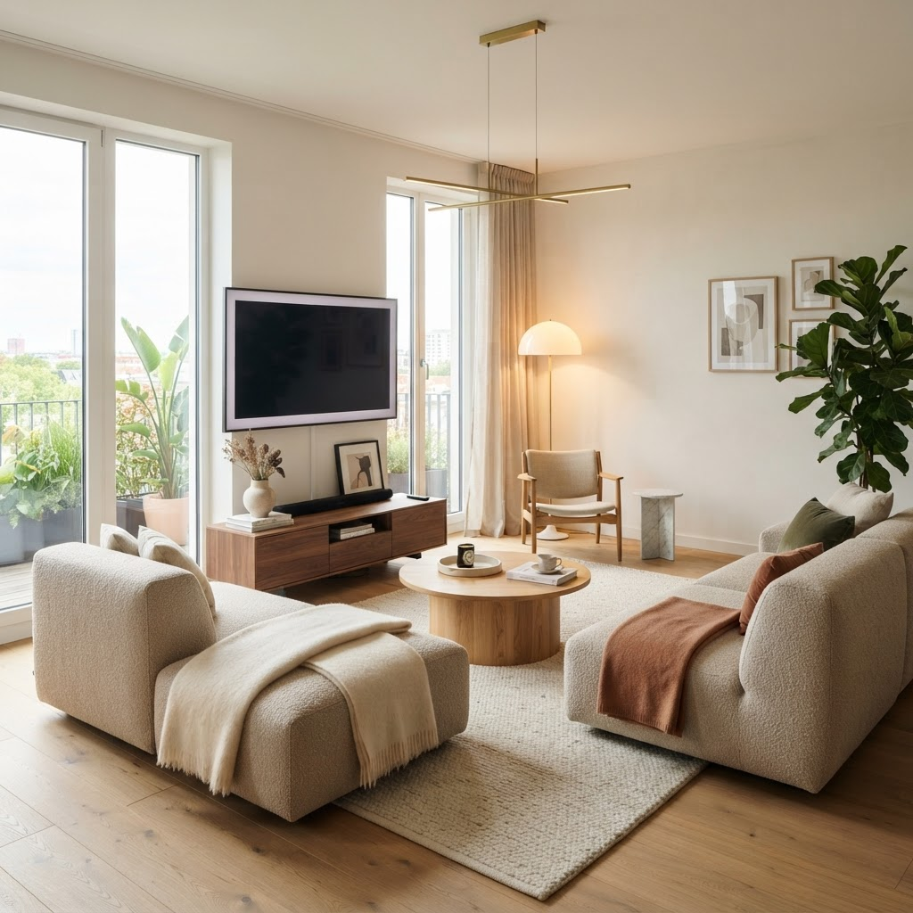 Modern living room with a smart TV, contemporary sofa and stylish home furnishings